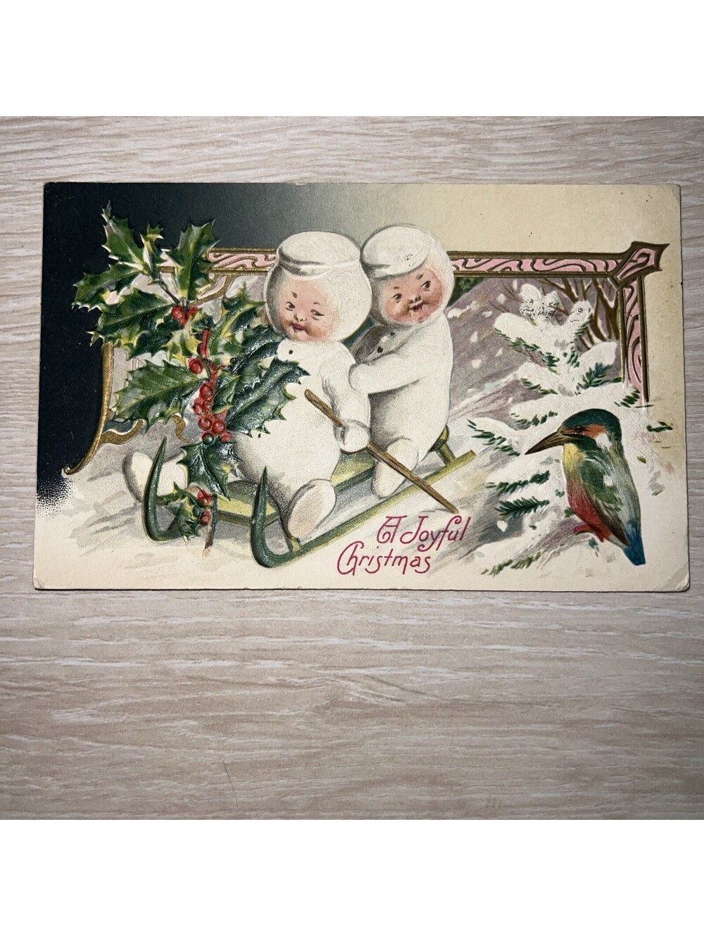 Christmas Fantasy~Snow Babies Riding Sled in Snowy Portal~Exotic Bird~c1910